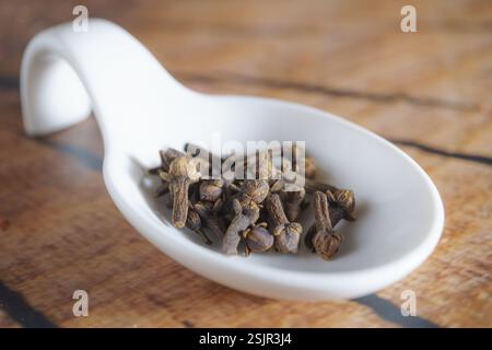 Cuillère en céramique blanche avec des graines de clou de girofle sur une table en bois et un espace de copie Banque D'Images