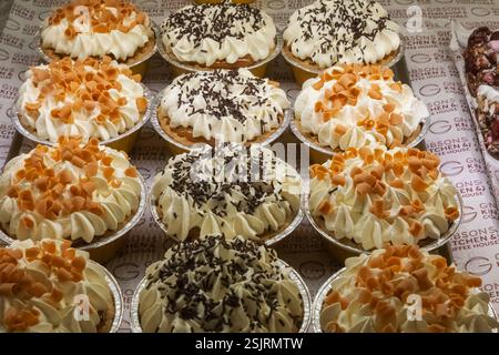 Angleterre, Kent, Wingham, Gibsons Farm Shop et Food Hall, exposition colorée de gâteaux Banque D'Images