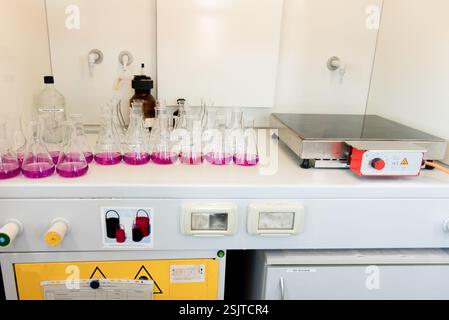 Équipement de laboratoire. Rangées de fioles Erlenmeyer remplies de permanganate. Banque D'Images