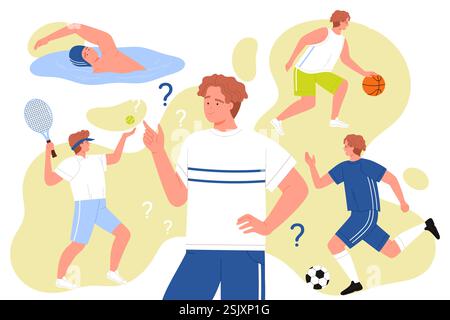 Homme avec point d'interrogation pensant au choix de l'entraînement sportif différent. Guy athlète choisissant entre la natation et les jeux de balle actifs, illustration vectorielle de dessin animé d'entraînement de basket-ball de tennis Illustration de Vecteur