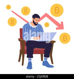 Illustration vectorielle d'un homme analysant la chute des prix du Bitcoin, le vidage de crypto-monnaie, symbolisant la volatilité du marché des crypto-monnaies et les pertes financières dans les actifs numériques. Illustration de Vecteur