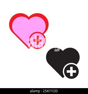 Ajouter un symbole cœur. Forme médicale plus. Icône rose rouge. Illustration vectorielle. Illustration de Vecteur