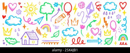 Nuage de ligne de craie de crayon pour enfant, ensemble d'éléments enfants de fleur. Ensemble d'éléments enfantins dessinés à la main par crayon. Coeur de craie, nuage, fond d'élément de conception mignon de couleur de fleur. Illustration vectorielle Illustration de Vecteur