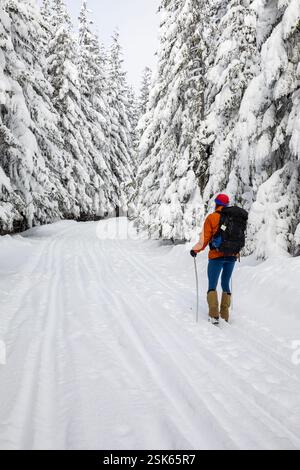 WA28134-00...WASHINGTON - skieur de fond sur une route enneigée se dirigeant vers la crête de la montagne Amabilis. Banque D'Images