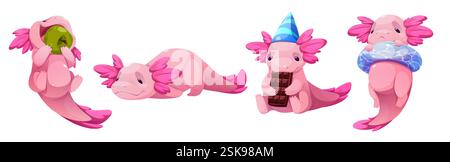 Collection de mascotte rose mignonne axolotl - manger des fruits verts, se détendre couché, tenir une barre de chocolat dans un chapeau d'anniversaire, porter un anneau de natation. Dessin animé adorable personnages de dessin animé pose pour l'ensemble d'autocollants. Illustration de Vecteur