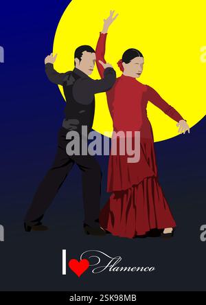 Beau jeune couple dansant flamenco. Illustration vectorielle 3d dessinée à la main Illustration de Vecteur