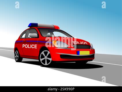 Voiture de police sur fond de panorama de ville. Illustration vectorielle dessinée à la main par Adobe Illustrator Illustration de Vecteur