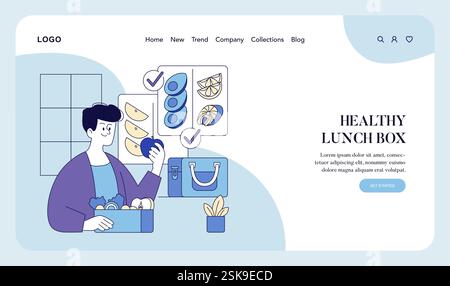 Concept de planification saine du déjeuner. Une personne organisant des options alimentaires nutritives et emballant une boîte à lunch souligne l'importance de repas équilibrés. Encourage les habitudes alimentaires conscientes avec des ingrédients frais. Illustration vectorielle. Illustration de Vecteur