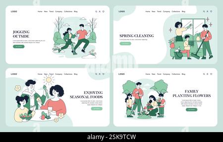 Activités printanières et temps en famille présentés dans quatre illustrations attrayantes. Faire du jogging, nettoyer, déguster des aliments de saison et planter des fleurs capturent l'essence d'un style de vie printanier précoce. Illustration vectorielle. Illustration de Vecteur