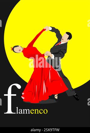 Beau jeune couple dansant affiche flamenco. Vecteur coloré 3d illustration dessinée à la main Illustration de Vecteur