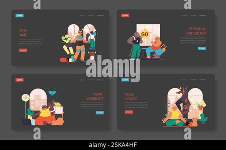 Illustration de fitness mettant en vedette divers personnages engagés dans diverses activités d'entraînement. Les scènes comprennent des séances de gymnastique, de l'entraînement personnel, des séances d'entraînement à domicile et des pratiques de yoga. Inspirez un mode de vie sain. Illustration vectorielle. Illustration de Vecteur