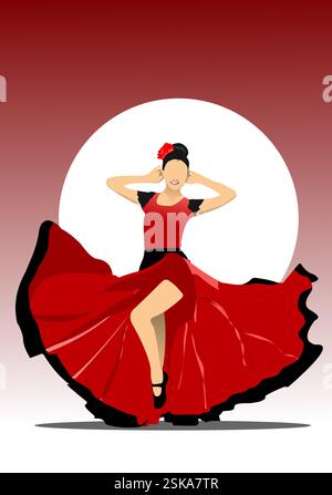 Belle jeune femme dansant le flamenco. Illustration vectorielle 3d dessinée à la main Illustration de Vecteur