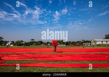 Un ouvrier porte un tissu teint sur sa tête alors qu'il se rend à l'usine après qu'elle a séché. Narsingdi, Bangladesh. Banque D'Images