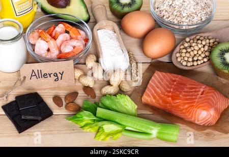Composition contenant des allergènes alimentaires courants, y compris les œufs, le lait, le soja, le chocolat, les amandes, arachides, poisson, fruits de mer, farine de blé, moutarde, kiwi et céleri Banque D'Images