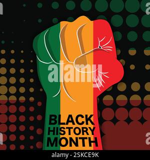 Bannière du mois de l'histoire noire, affiche, modèle avec drapeau et icône de poing serré sur fond noir Illustration de Vecteur
