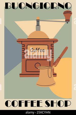 Affiche rétro avec moulin à café et cezve Illustration de Vecteur