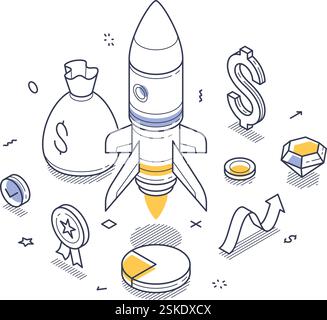 Ligne concept de démarrage Fusée décollant entourée de symboles de réussite, notamment des sacs d'argent, des graphiques de croissance et des récompenses mettant en avant les activités Illustration de Vecteur