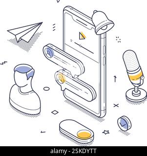 Divers éléments de communication et médias, y compris un smartphone, un microphone et des avatars utilisateur. Les connexions visuelles mettent l'accent sur l'interaction dans un numérique Illustration de Vecteur