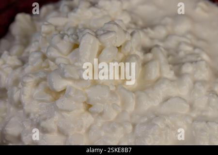 fromage cottage à base de morceaux avec de la crème gros plan, fromage cottage granuleux avec de la crème sur la table Banque D'Images