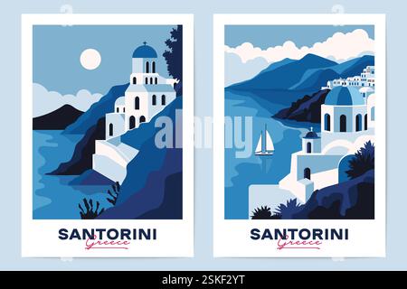 Santorin affiches grecques. Bannières de voyage abstraites grecques traditionnelles avec l'architecture méditerranéenne traditionnelle de la Grèce, concept de tourisme de vacances d'été Illustration de Vecteur