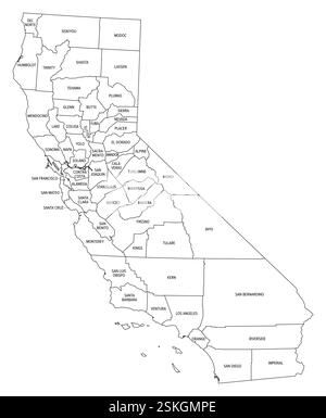 État de Californie divisé en comtés, carte de contour. État de l'ouest des États-Unis sur la côte du Pacifique, subdivisé en 58 comtés. Banque D'Images