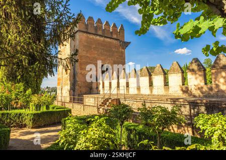 Complexe Alhambra dans la ville de Grenade, Andalousie, Espagne. Ancienne tour en pierre et mur dans un jardin luxuriant et bien entretenu. Une journée ensoleillée avec un ciel bleu. Banque D'Images