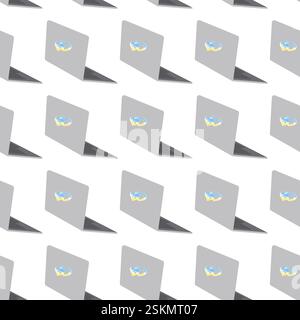 Ouvrez PC avec autocollant de coeurs de couleurs de drapeau ukrainien sur le couvercle Seamless Pattern. Retour à l'école. Illustration vectorielle isolée emballage ou toile de fond de promo Web, affiche de cartes, bannière, message d'accueil, étiquette Illustration de Vecteur