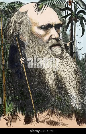 Charles Darwin (1809-1882) caricature de Frederick Waddy datée de 1873. Banque D'Images