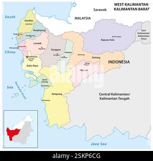 Carte administrative de la province indonésienne de Kalimantan occidental, Bornéo Banque D'Images