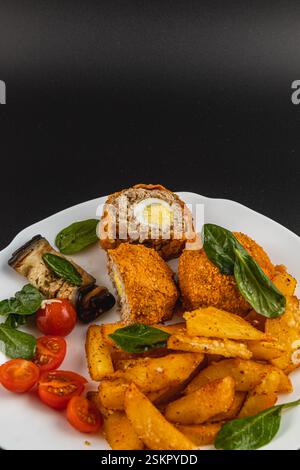 Une assiette éclatante présente des boulettes de viande croustillantes farcies aux œufs, accompagnées de quartiers de pommes de terre assaisonnés et d'herbes fraîches. Le plat présente un mélange de saveurs et Banque D'Images