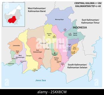 Carte administrative de la province indonésienne du Kalimantan central, Bornéo Banque D'Images