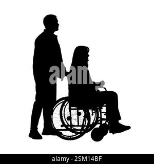 Silhouette d'homme avec femme en fauteuil roulant sur fond blanc Banque D'Images