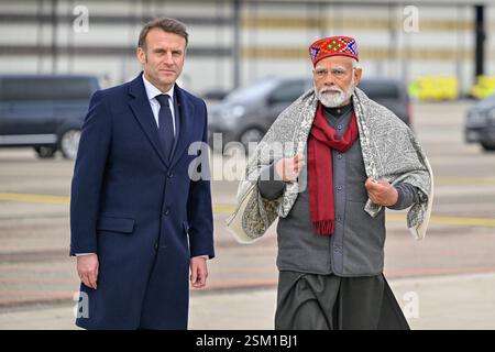 Marseille, France. 12 février 2025. Bilan de l’armée sur le tarmac de l’aéroport de Marseille lors du déplacement du Président Emmanuel Macron et du premier Ministre indien Modi Narendra pour l’inauguration du nouveau consulat indien à Marseille le 12 février 2025. Photo Philippe Magoni/Pool/ABACAPRESS. COM Credit : Abaca Press/Alamy Live News Banque D'Images