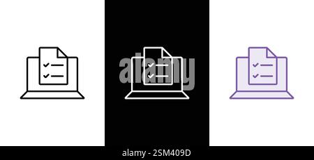 Icône de contour de ligne de formulaire en ligne. Ordinateur de bureau avec icône de ligne plate de questionnaire numérique. Signe mince vecteur de résultat de test en ligne, logo d'éducation. Illustration de Vecteur