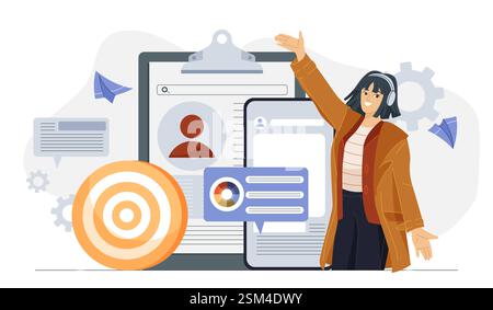 Femme présentant le marketing numérique et le concept de profil utilisateur. Illustration de Vecteur