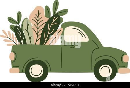 Camion de ramassage agricole rétro avec des produits d'épicerie frais du marché fermier ou du supermarché. Légumes frais biologiques dans la voiture pour une conception écologique de Illustration de Vecteur