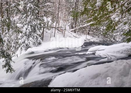 Une vue hivernale depuis le sommet des chutes de la station piscicole à Muskoka. Banque D'Images