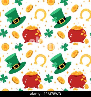 Motif Patricks Day. Vectoriel transparent backround. Chapeau de leprechauns, trèfles, pièces chanceuses, pot d'or. Motif mignon avec des symboles Saint Patricks Day Illustration de Vecteur