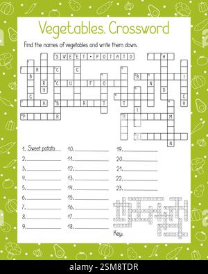 Puzzle de mots croisés de légumes, activité de recherche de mots illustration vectorielle dessinée à la main feuille de travail imprimable pour les enfants, jeu éducatif ou de loisirs, vocabulaire anglais topique sur la nutrition et les ingrédients alimentaires Illustration de Vecteur