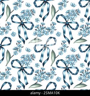 Un motif simple avec des Forget-me-nots bleus et des noeuds de leurs rubans. L'illustration est faite à l'aquarelle à la main. Sur fond blanc. Pour textil Banque D'Images