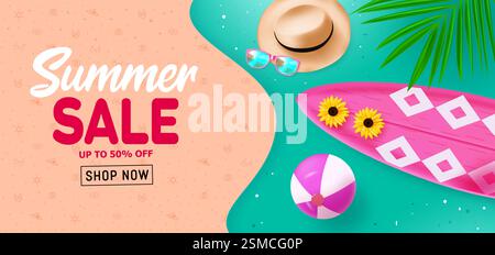 Design de bannière vectorielle de texte de vente d'été. Éléments de plage avec 50% de réduction pour la saison estivale. Fond de paysage d'illustration vectorielle. Illustration de Vecteur