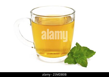Tisane dans une grande tasse en verre avec un brin de menthe isolé sur fond blanc Banque D'Images
