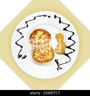 Plat de crêpes avec abricot séché sur plaque blanche. Image bckground isolés avec du blanc. Vue de dessus. still life de table sont présentés la cuisine russe Banque D'Images