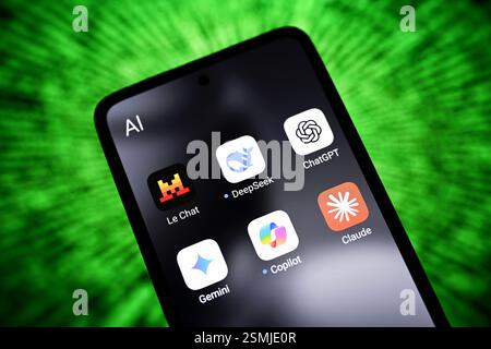 Ukraine. 29 décembre 2024. Dans cette illustration photo, les applications d’intelligence artificielle (IA) de le Chat de Mistral ai, DeepSeek, ChatGPT, Google Gemini, CoPilot et Claude ai d’Anthropic sont visibles sur l’écran d’un smartphone. (Crédit image : © Pavlo Gonchar/SOPA images via ZUMA Press Wire) USAGE ÉDITORIAL SEULEMENT! Non destiné à UN USAGE commercial ! Banque D'Images