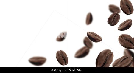Grains de café tombant sur fond blanc. Illustration réaliste vectorielle de graines brun foncé grillées volant, fond de menu de petit déjeuner de restaurant ou de café, arôme d'espresso, ingrédient de boisson gourmet Illustration de Vecteur