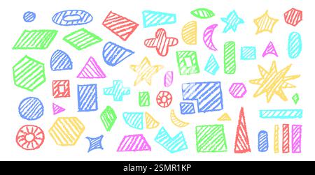 Ensemble de formes géométriques de base. Cercle, carré, rectangle, triangle et autres polygones dessinés au fusain. Collection de symboles géométriques ombrés pour Illustration de Vecteur