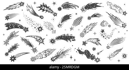 Étoiles filantes de Noël, météores tombants et comètes avec traînées et silhouettes de queue. Vecteurs black doodle astéroïdes cosmiques tombants avec tr Illustration de Vecteur