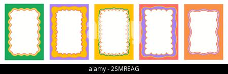 Cadres ondulés festonnés de couleur rétro, bordures funky groovy y2k. Ensemble vectoriel de modèles rectangulaires avec des bords ondulés dans des teintes vibrantes de vert, violet, jaune Illustration de Vecteur