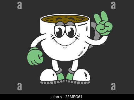 Mascotte de personnage illustration d'une tasse à café avec les mains formant un symbole de paix. Sur fond sombre Illustration de Vecteur