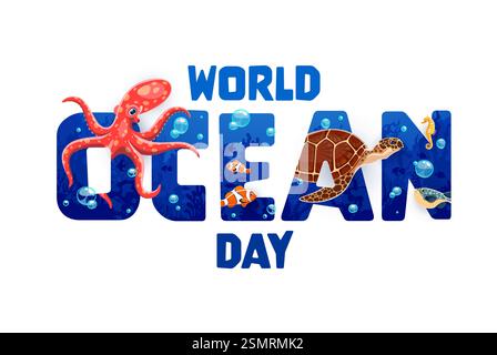Bannière de la journée mondiale des océans avec des animaux marins et un paysage sous-marin. Vecteur environnemental, sensibilisation à la conservation avec une vie marine vibrante comme un oc Illustration de Vecteur
